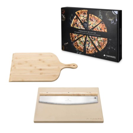 Pierre à pizza XL 38 x 30 cm + Pelle en bambou + Coupe Pizza
